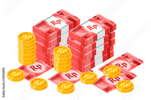 Bundle of 100000 Indonesian Rupiah banknotes money and gold coin vector isometric design. Indonesia currency, business, finance and Payment element. Can be used for web, mobile, infographic & print.
