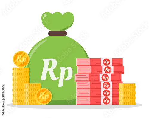 Indonesian Rupiah money bundle and coin stack sack bag vector icon logo and design. Indonesia currency business, payment and finance element. Can be used for web, mobile, infographic & print.