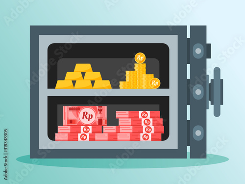 Bundle of Indonesian Rupiah Money, Gold, and Coin in a high security level metal safe vector illustration flat design. Payment and finance element. Can be used for web and mobile, infographic & print