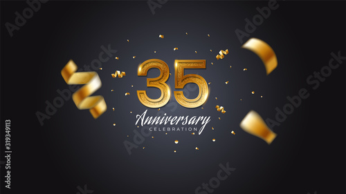 35th anniversary celebration Gold numbers with dotted halftone, shadow and sparkling confetti. modern elegant design with black background. for wedding party event decoration. Editable vector EPS 10