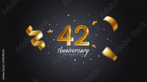 42nd anniversary celebration Gold numbers with dotted halftone, shadow and sparkling confetti. modern elegant design with black background. for wedding party event decoration. Editable vector EPS 10