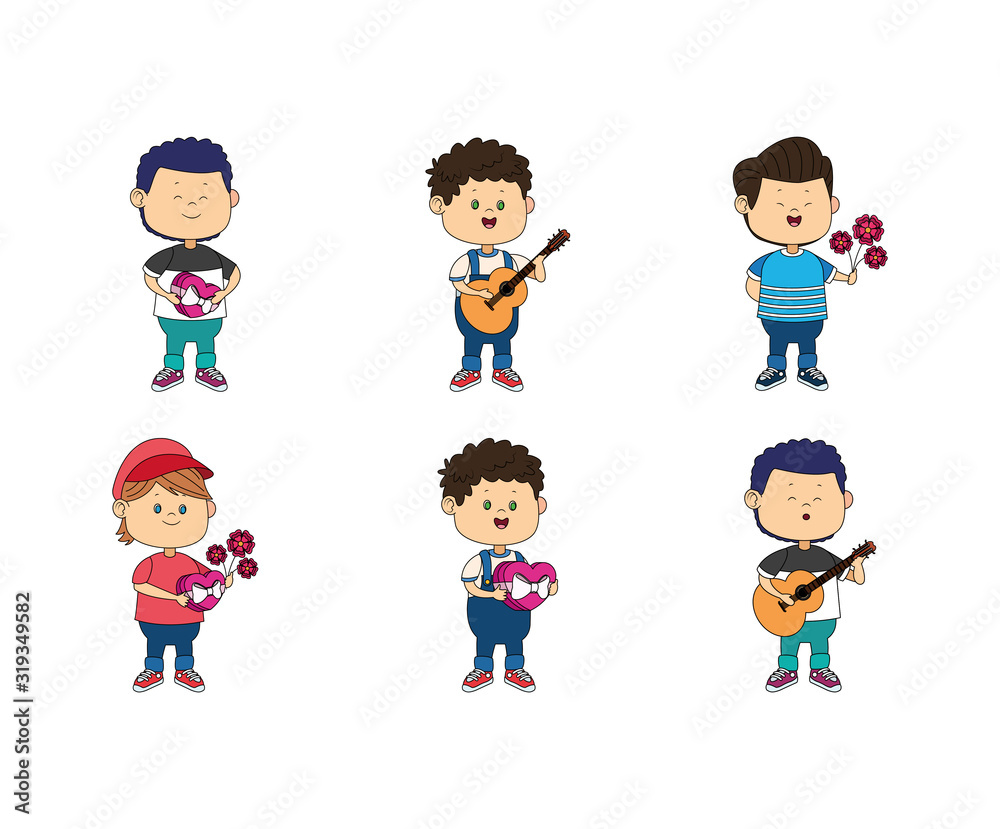 icon set of cartoon happy boys standing with love gifts icon set of cartoon happy boys standing with love gifts