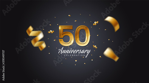 50th anniversary celebration Gold numbers with dotted halftone, shadow and sparkling confetti. modern elegant design with black background. for wedding party event decoration. Editable vector EPS 10