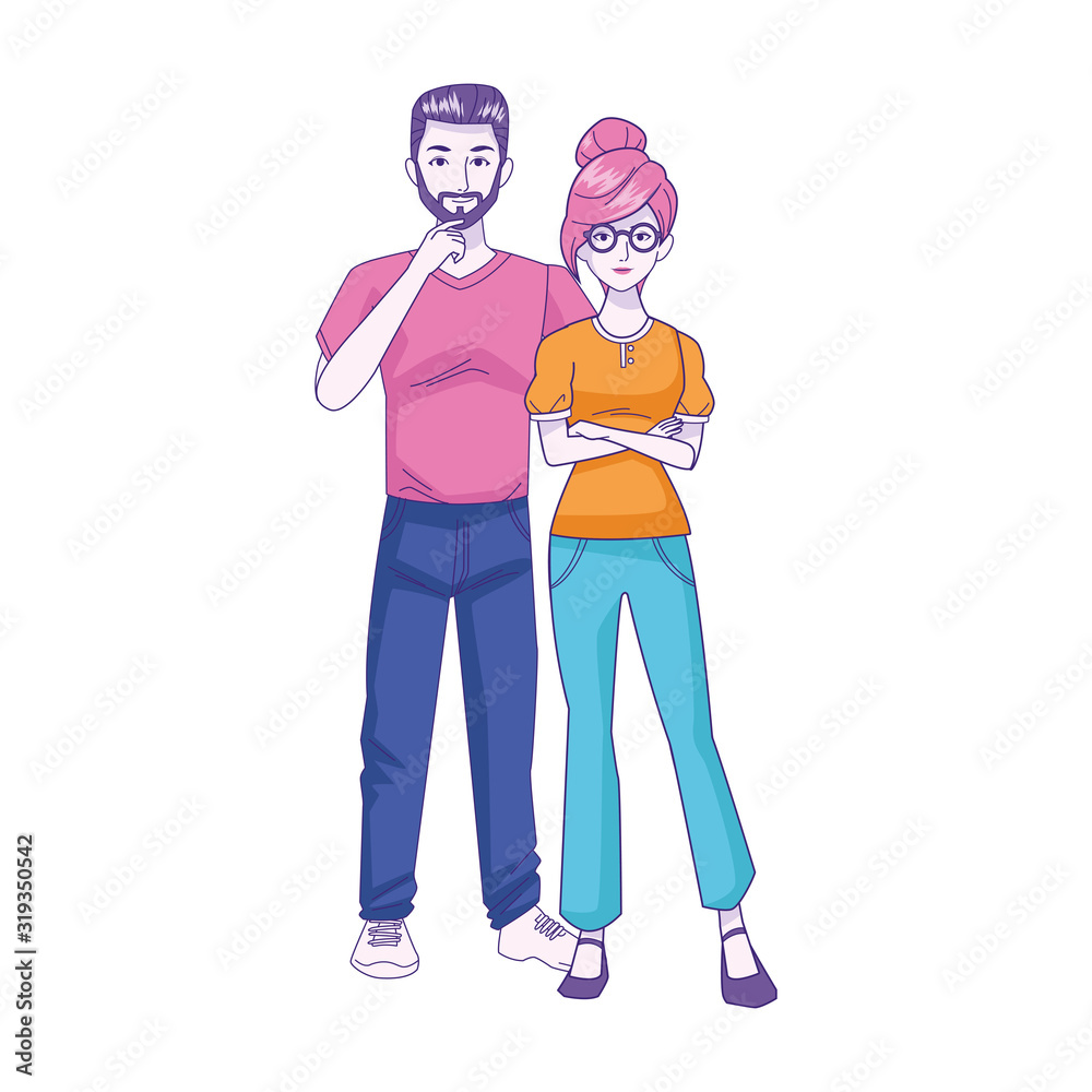 Young couple standing and wearing casual clothes, colorful design