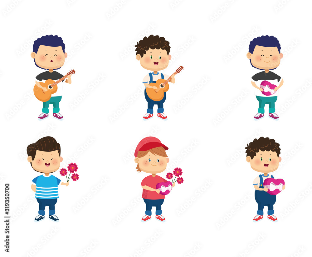 icon set of cartoon happy boys with love gifts icon set of cartoon happy boys with love gifts