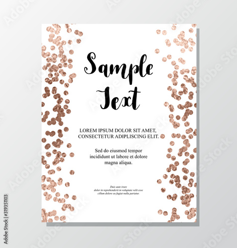 Holiday invitation card with copper glitter polka dot confetti on white background.