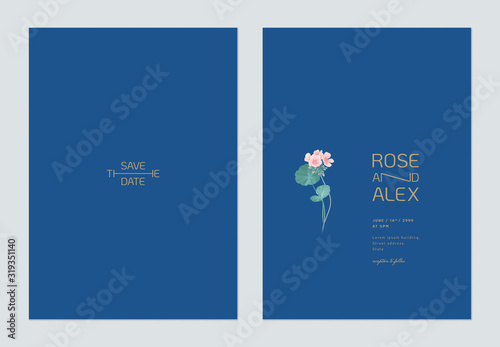 Minimalist floral wedding invitation card template design, pink Pelargonium zonale flowers with leaves on blue