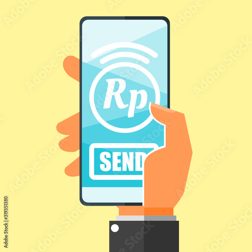 Transfer Money via Smartphone using Indonesian Rupiah money online mobile banking vector illustration flat design. Payment and finance element.  Can be used for web and mobile, infographic & print.