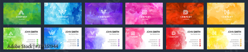 Big set of bright colorful business card template with vector watercolor background