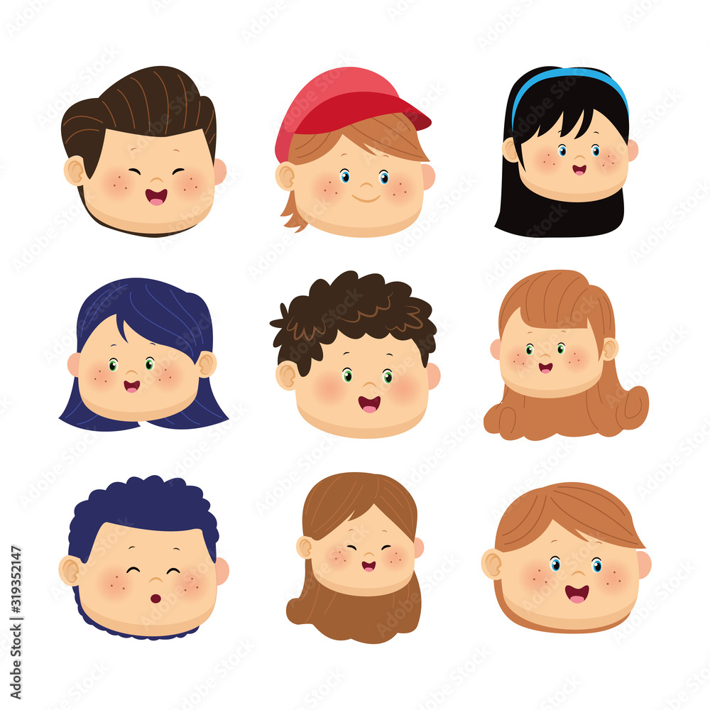 icon set of happy kids faces, colorful design icon set of happy kids faces, colorful design