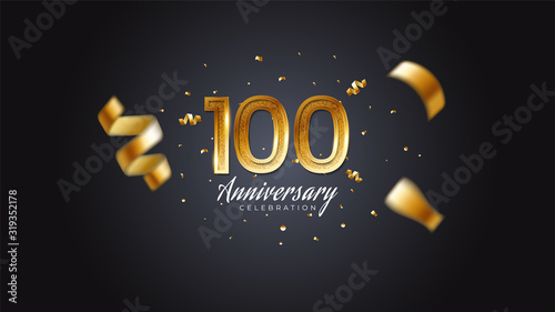 100th anniversary celebration Gold numbers with dotted halftone, shadow and sparkling confetti. modern elegant design with black background. for wedding party event decoration. Editable vector EPS 10