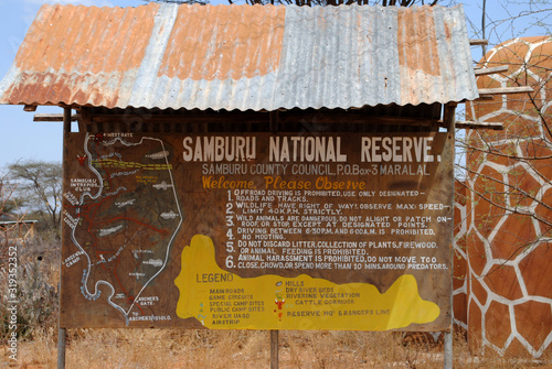 AFRICA, KENYA, SAMBURU NATIONAL RESERVE, AUGUST 3,  2010: Samburu Naional Reserve sign.