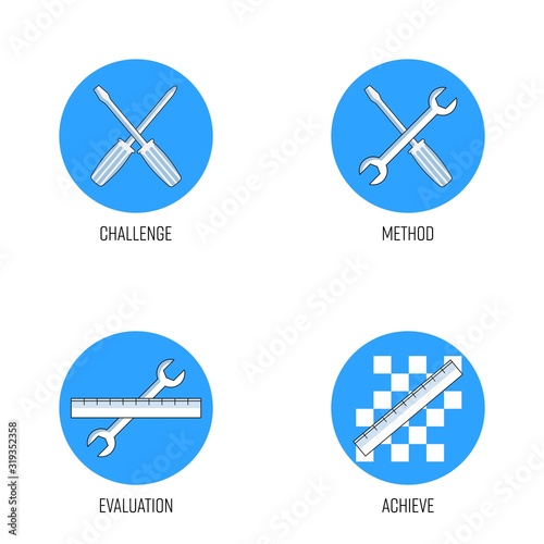 Management icon set. Mechanic tools gimmick. Vector illustration outline flat design style.