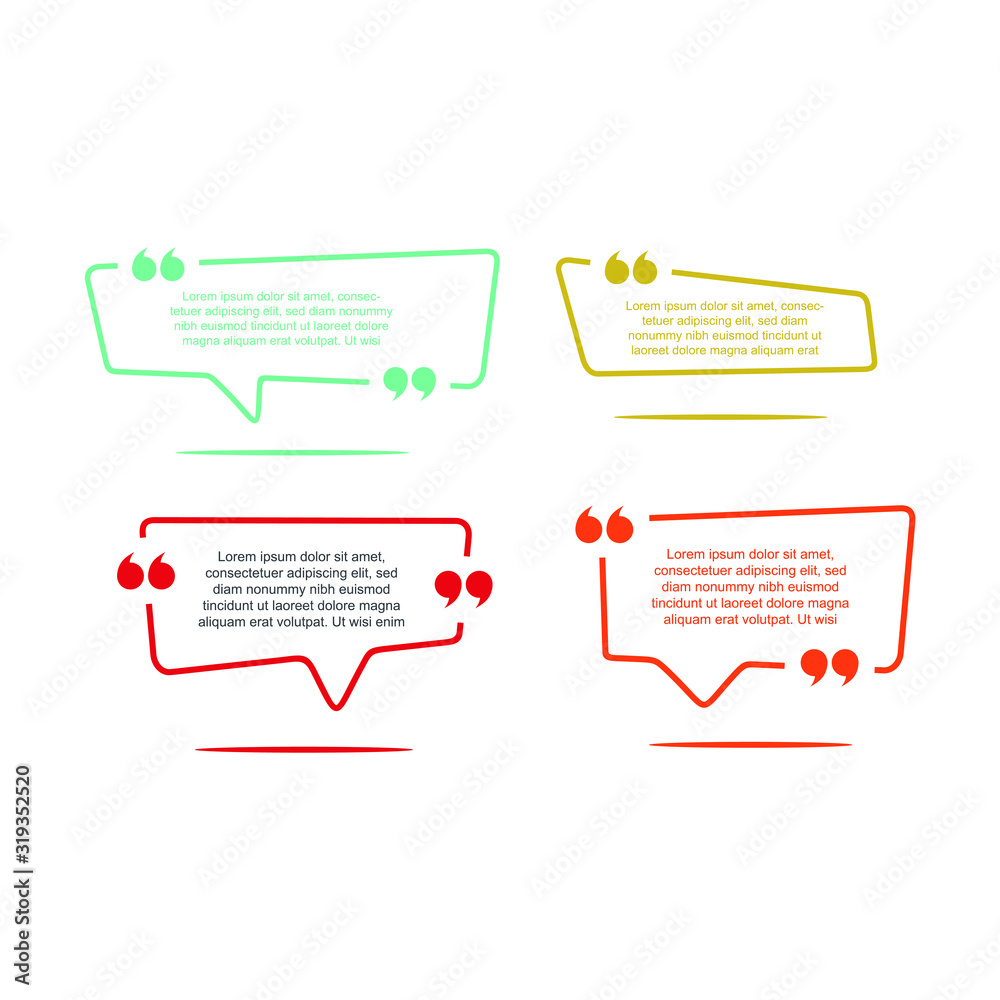 Colored quote speech bubble template. set different shape geometric texting boxes. Quotes form and speech box isolated on white background. Vector illustration.