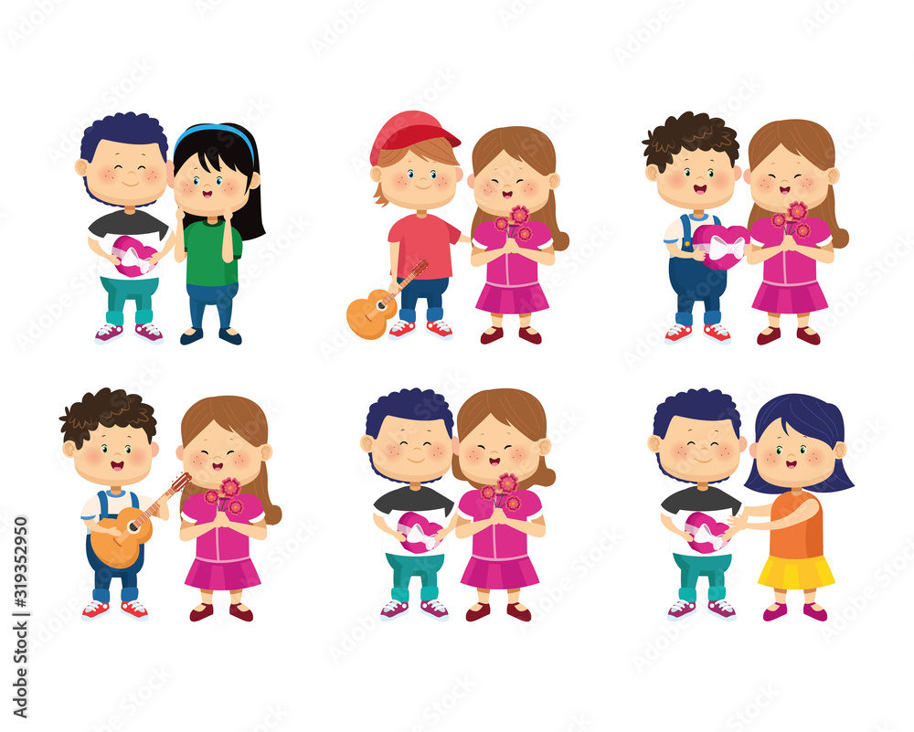 icon set of cartoon happy couples in love, colorful design