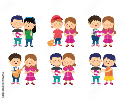 icon set of cartoon happy couples in love, colorful design