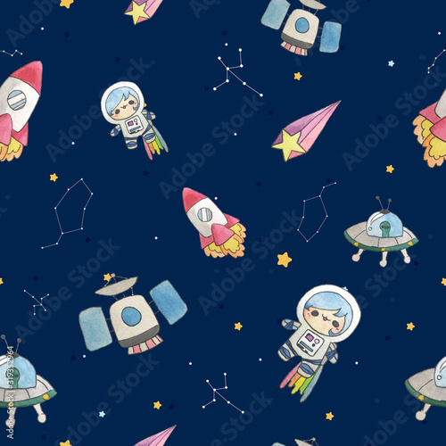 Fototapeta Naklejka Na Ścianę i Meble -  cute kid cartoon style galaxy astronaut seamless pattern