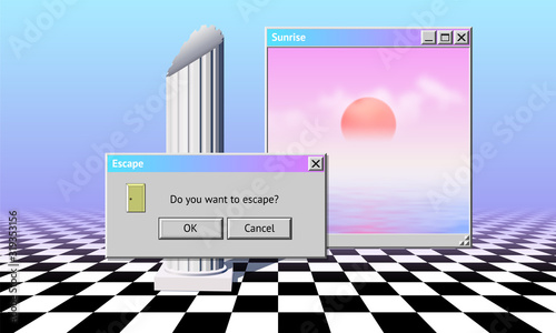 Abstract vaporwave aesthetics computer background with 90s style system message window photo