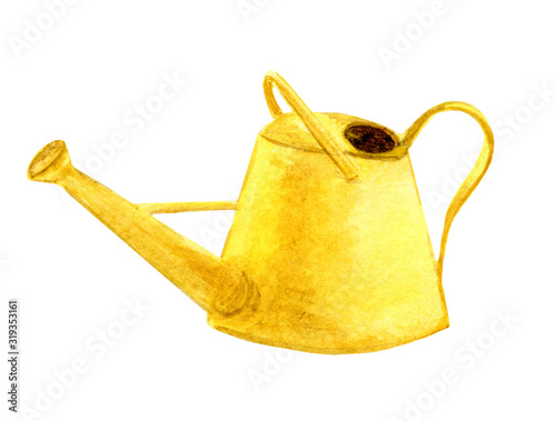  Yellow, garden watering can icon. Watercolor illustration of garden tools