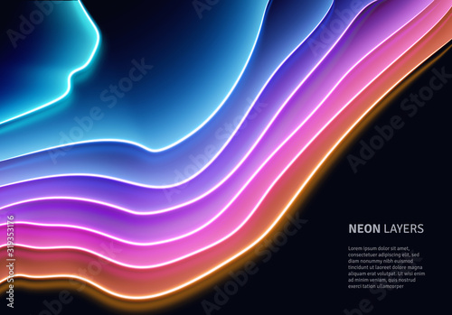 Neon glass layers stacked with reflections for 80s or 90s styled abstract background in synthwave, retrowave or cyberpunk shiny neon style