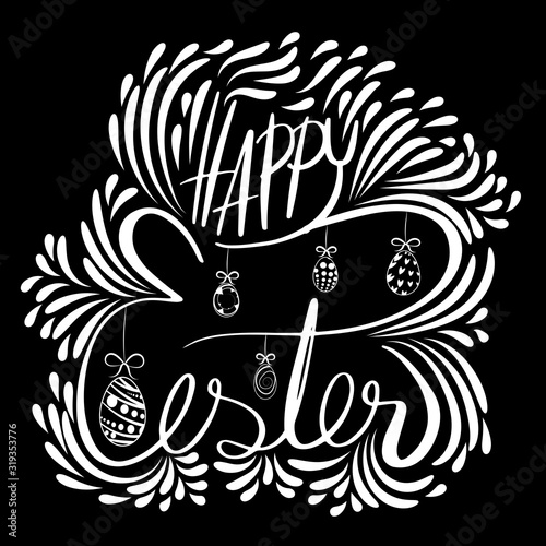 Happy easter on background with branches, cute, elegant design for card design, flyer, poster, banner, voucher, web element.hand drawn lettering about easter.