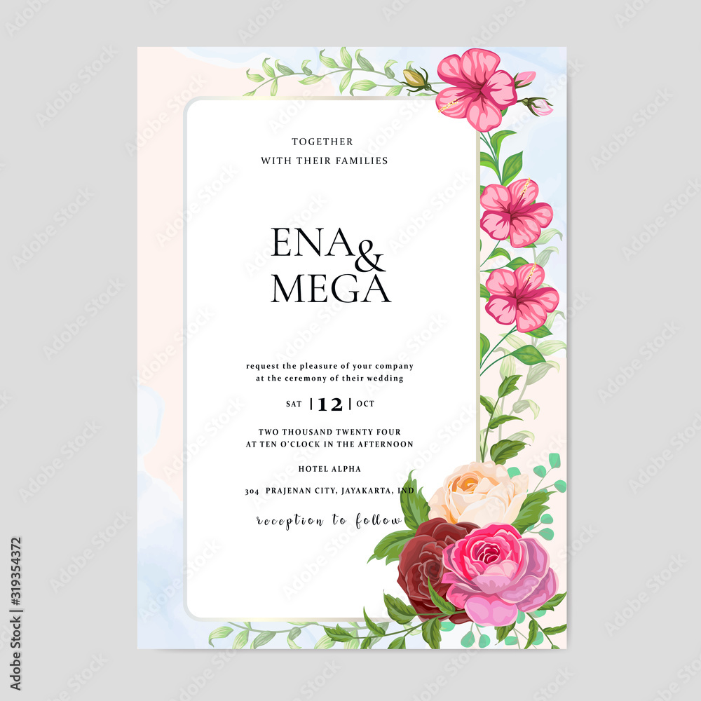 Elegant wedding card template with beautiful roses wreath