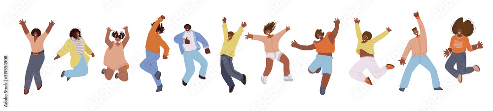 Vector flat collection of african american happy men and women, jumping ...
