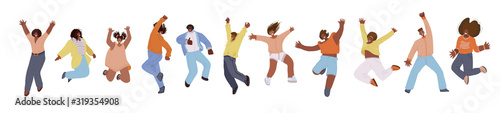Vector flat collection of african american happy men and women, jumping and dancing with cheer, joy, happiness. African american jumping happy people illustration. Happiness, freedom, motion and