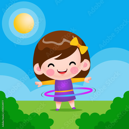 Vector Illustration Cute Little Girl Playing Hula Hoop