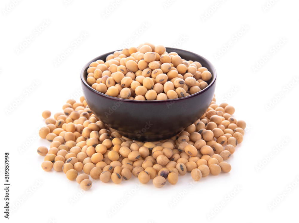 Soy beans in a bowl on white background