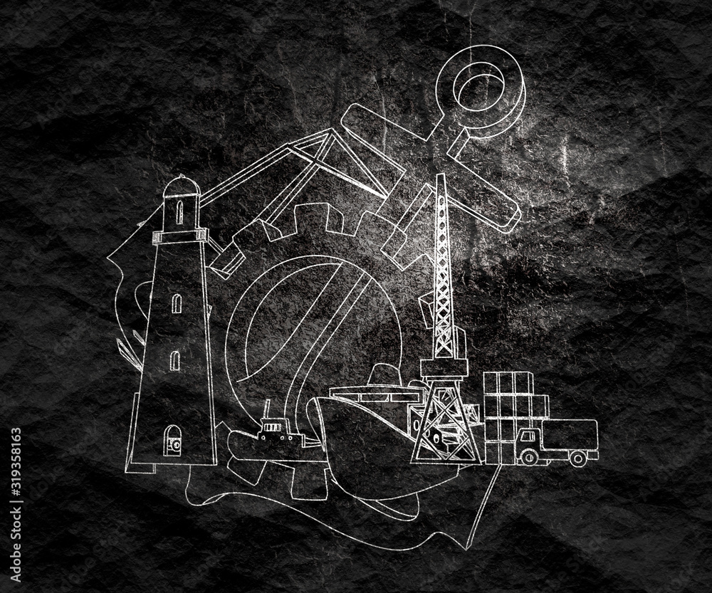 Obraz premium Cargo port relative icons set. Grunge texture