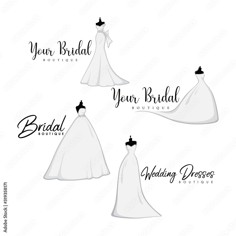 Monochrome Bridal Gowns Boutique Logo Ideas Set, Mannequin, Fashion, Beautiful Bride, Vector Design Template Monochrome Bridal Gowns Boutique Logo Ideas Set, Mannequin, Fashion, Beautiful Bride, Vector Design Template