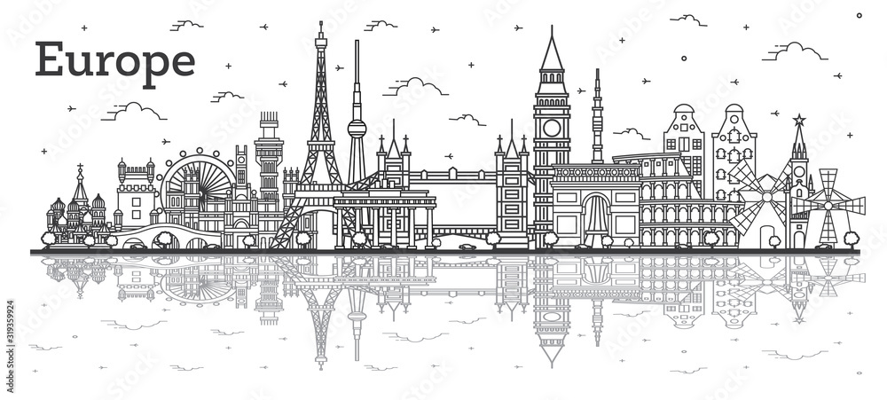 Outline Famous Landmarks in Europe with Reflections.