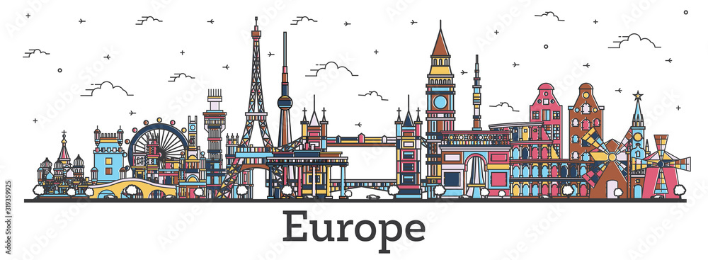 Outline Famous Landmarks in Europe. Business Travel and Tourism Concept with Color Buildings.