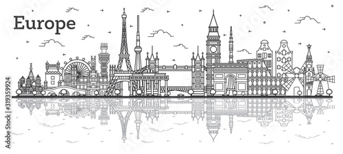 Outline Famous Landmarks in Europe with Reflections.