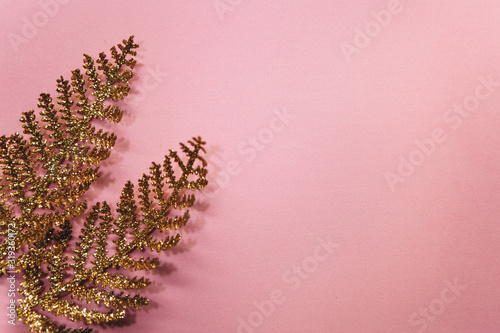 Golden twigs or leaves on a pink background with copy space