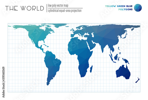 Low poly design of the world. Cylindrical equal-area projection of the world. Yellow Green Blue colored polygons. Creative vector illustration.
