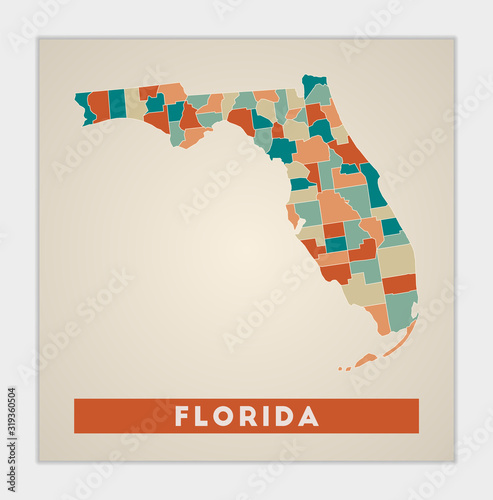 Florida poster. Map of the US state with colorful regions. Shape of Florida with US state name. Creative vector illustration.