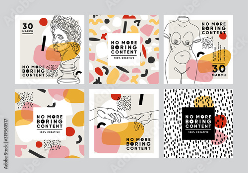 Modern abstract cards with ancient sculptures. Set of vector banners in trendy contemporary style.