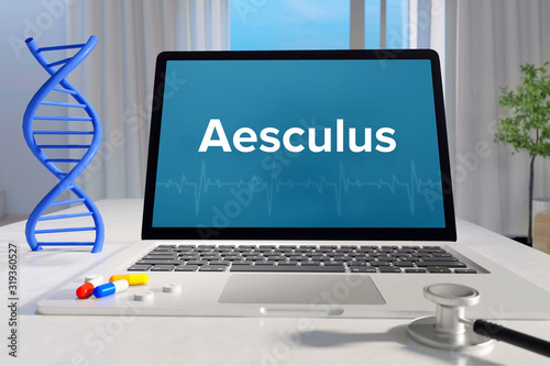 Aesculus – Medicine/health. Computer in the office with term on the screen. Science/healthcare