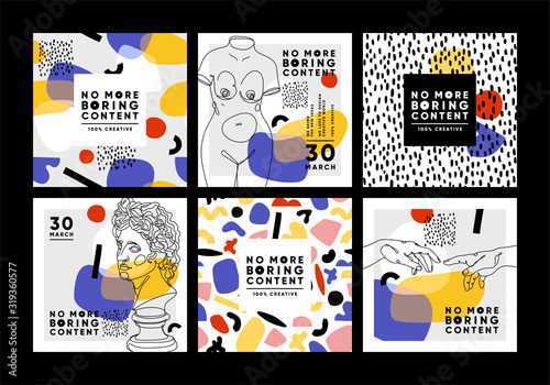 Modern abstract cards with ancient sculptures. Set of vector banners in trendy contemporary style.