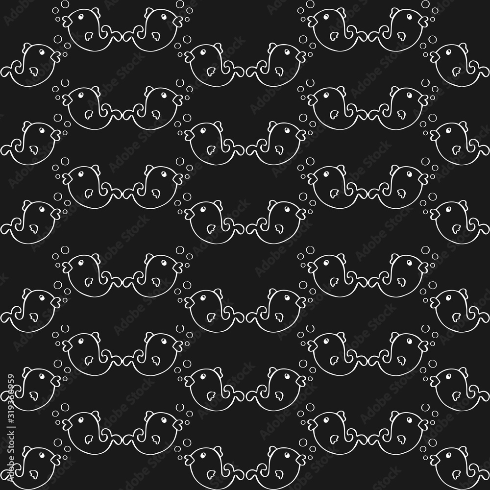 hand drawn Cute Fish with bubble. black and White Pattern. Cartoon Illustration