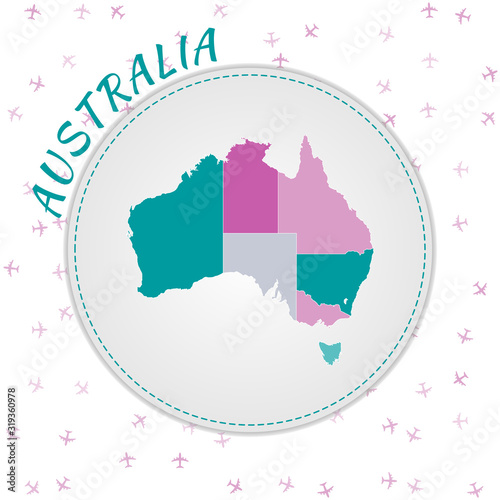 Australia map design. Map of the country with regions in emerald-amethyst color palette. Rounded travel to Australia poster with country name and airplanes background. Modern vector illustration.