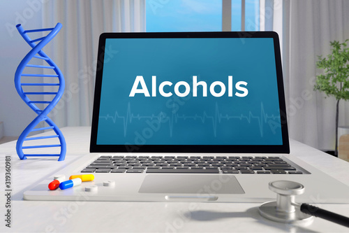 Alcohols – Medicine/health. Computer in the office with term on the screen. Science/healthcare