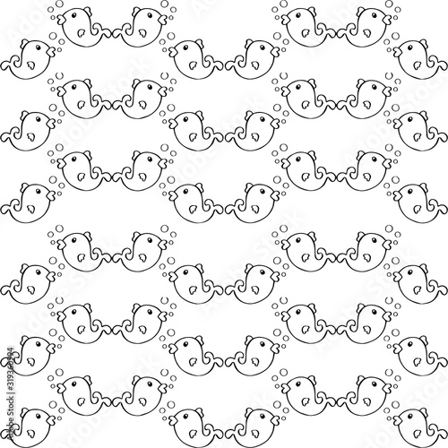 hand drawn Cute Fish with bubble. black and White Pattern. Cartoon Illustration