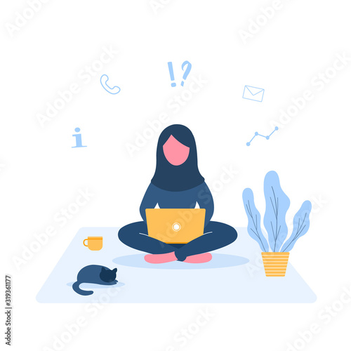 Womens freelance. Arabian girl in hijab with laptop sitting on the carpet on the floor. Concept illustration for studying, education, work from home, healthy lifestyle. Vector in flat style.