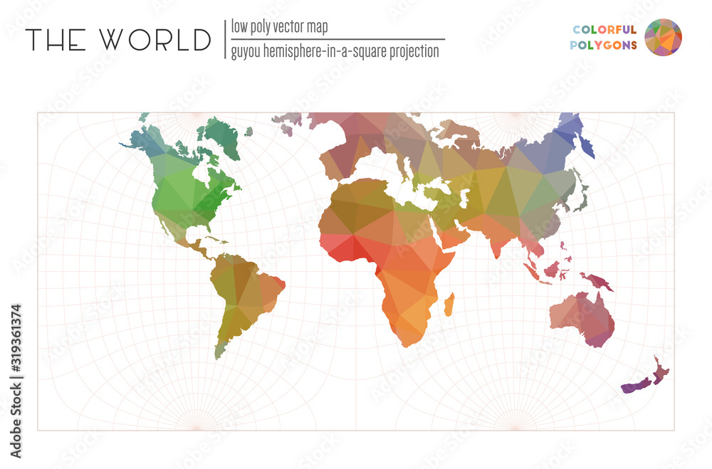 World map with vibrant triangles. Guyou hemisphere-in-a-square projection of the world. Colorful colored polygons. Trending vector illustration.