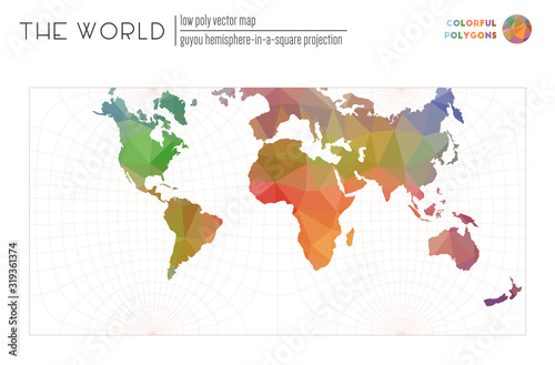 World map with vibrant triangles. Guyou hemisphere-in-a-square projection of the world. Colorful colored polygons. Trending vector illustration.