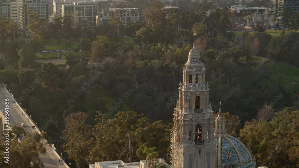 Aerial drone footage of California Tower in Balboa Park during an amazing sunset in San Diego, California. 