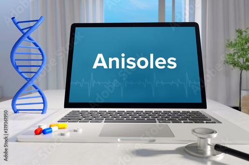 Anisoles – Medicine/health. Computer in the office with term on the screen. Science/healthcare